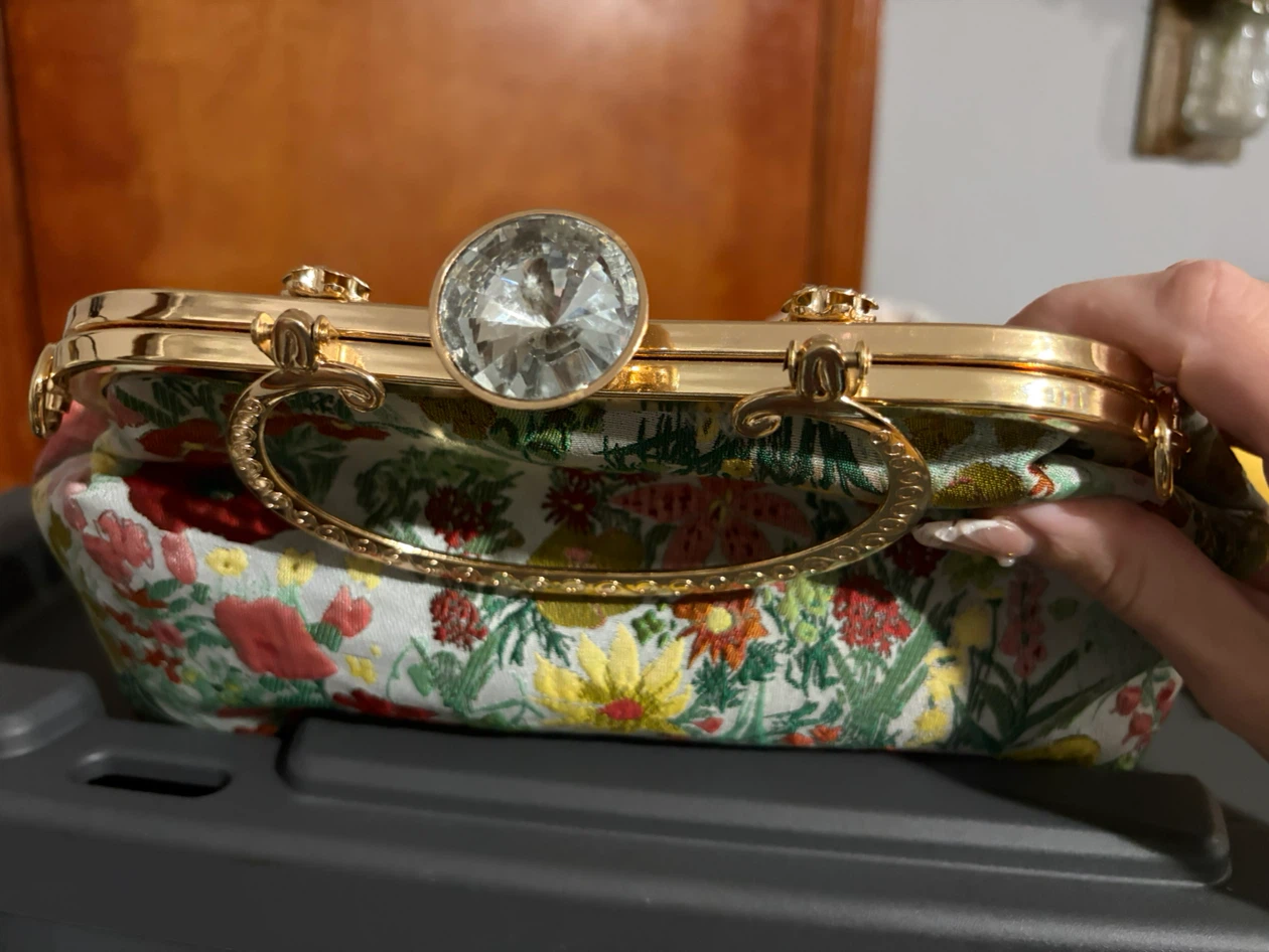 Floral Embroidered Frame Clutch with Gold Handle - photo 4