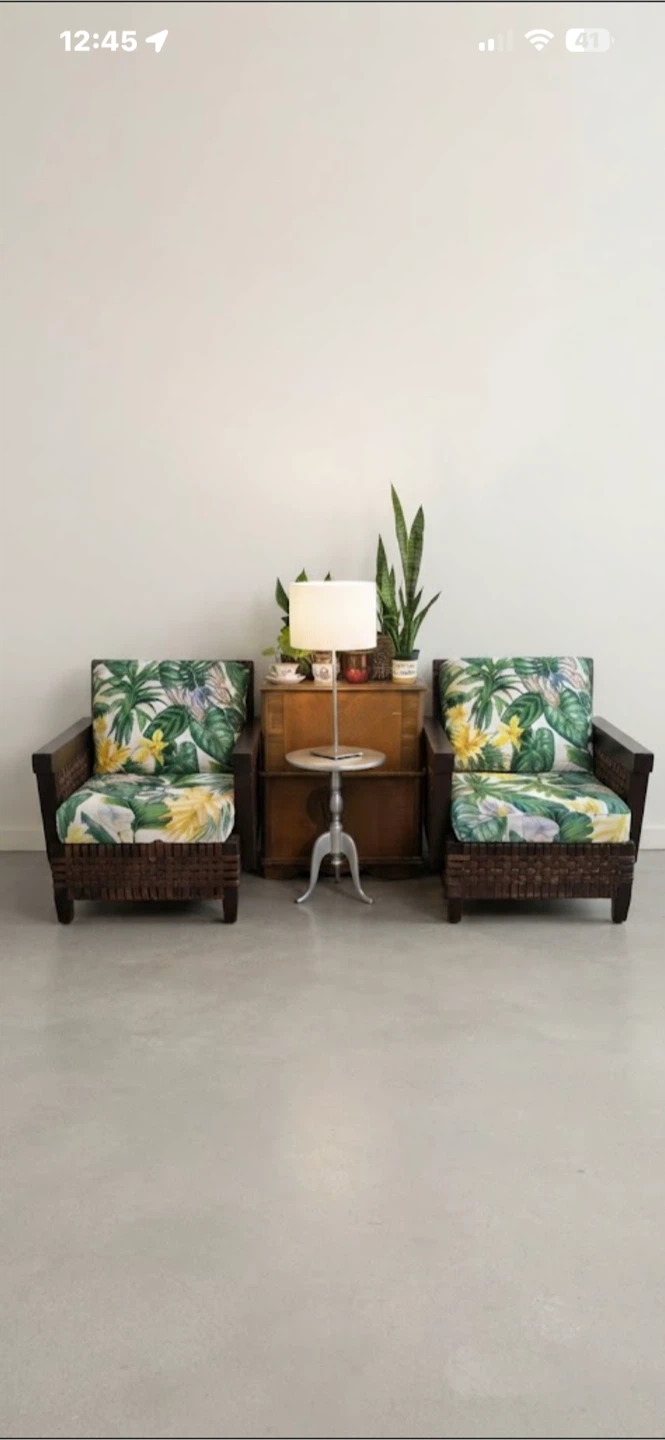 Vintage 1990s Solid Wood & Woven Leather Strap Armchairs (Pair)