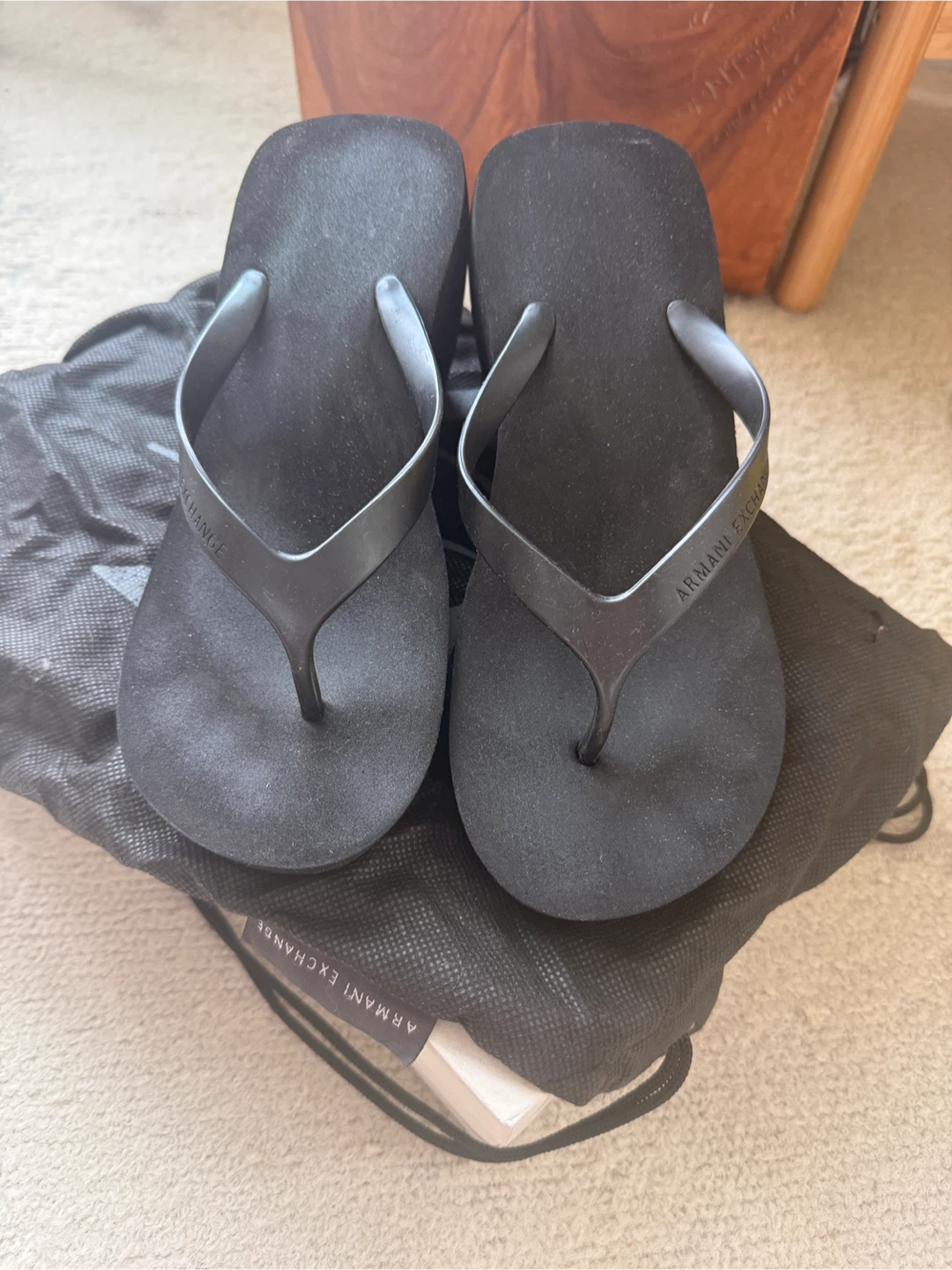 Armani Exchange Black Wedge Flip Flops