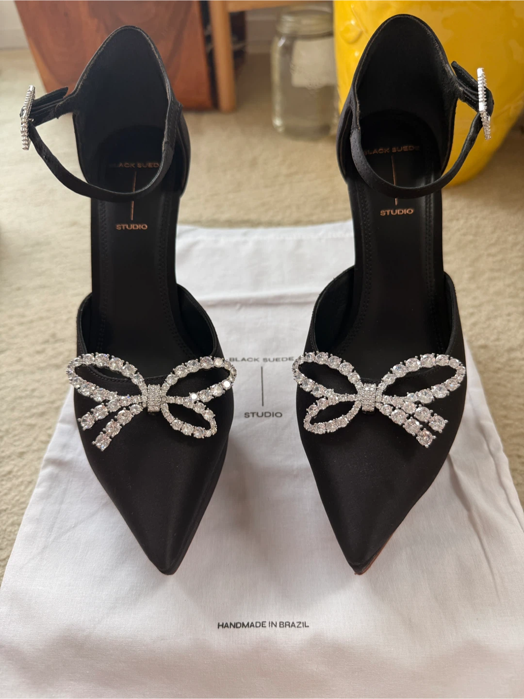Black Suede Studio Satin Heels with Bow