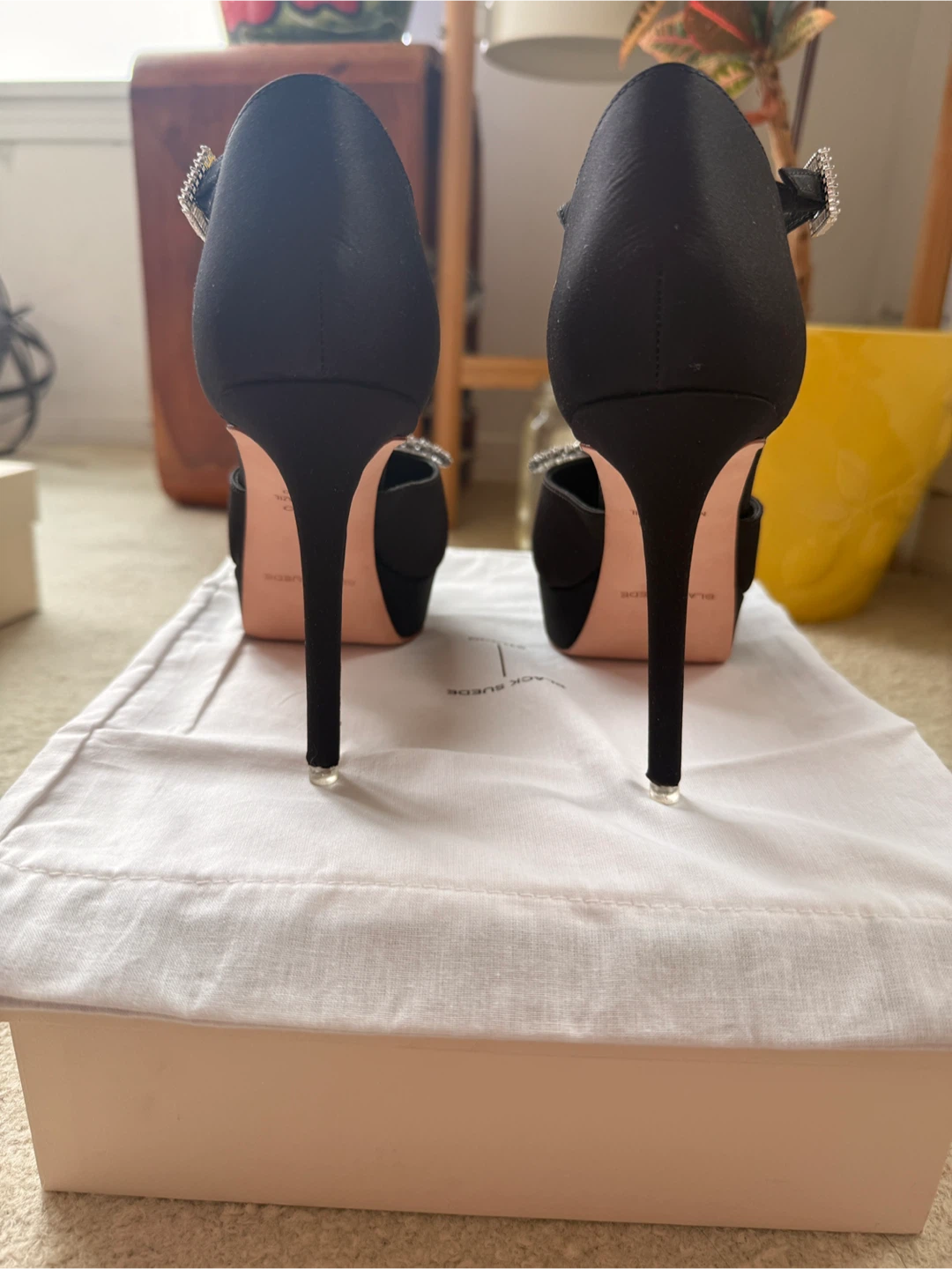 Black Suede Studio Satin Heels with Bow - photo 4