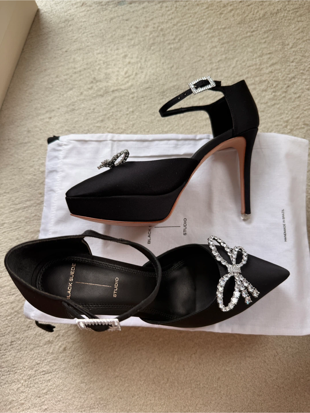 Black Suede Studio Satin Heels with Bow - photo 5
