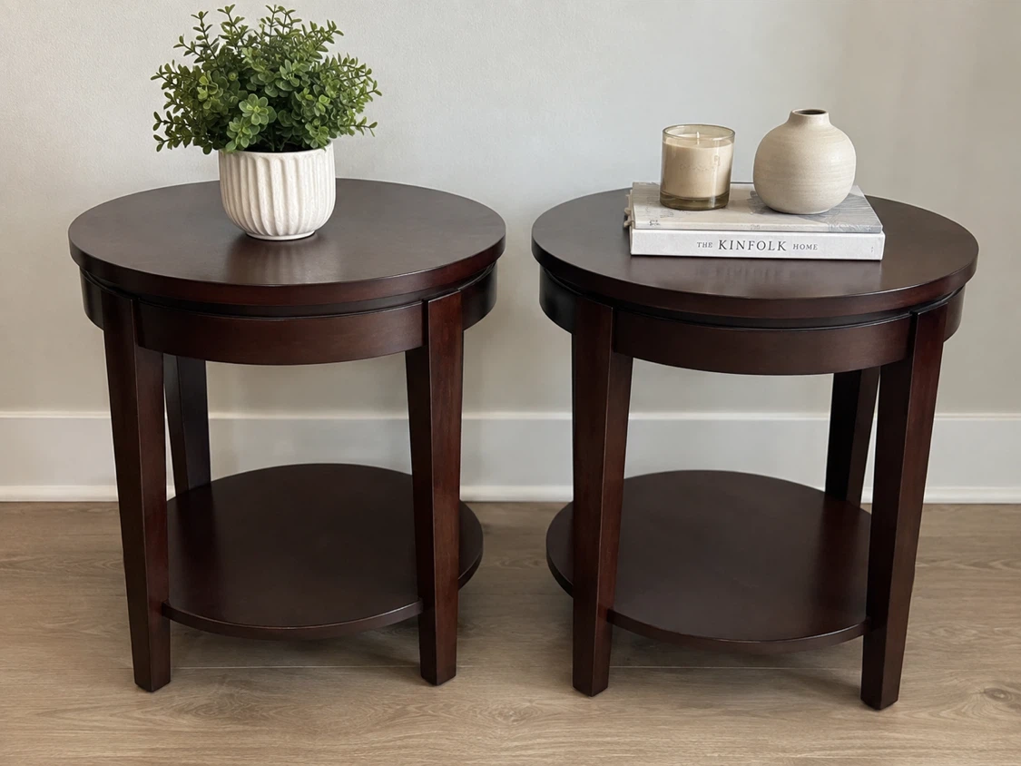 Set of 2 solid wood Dark Brown Round End Tables