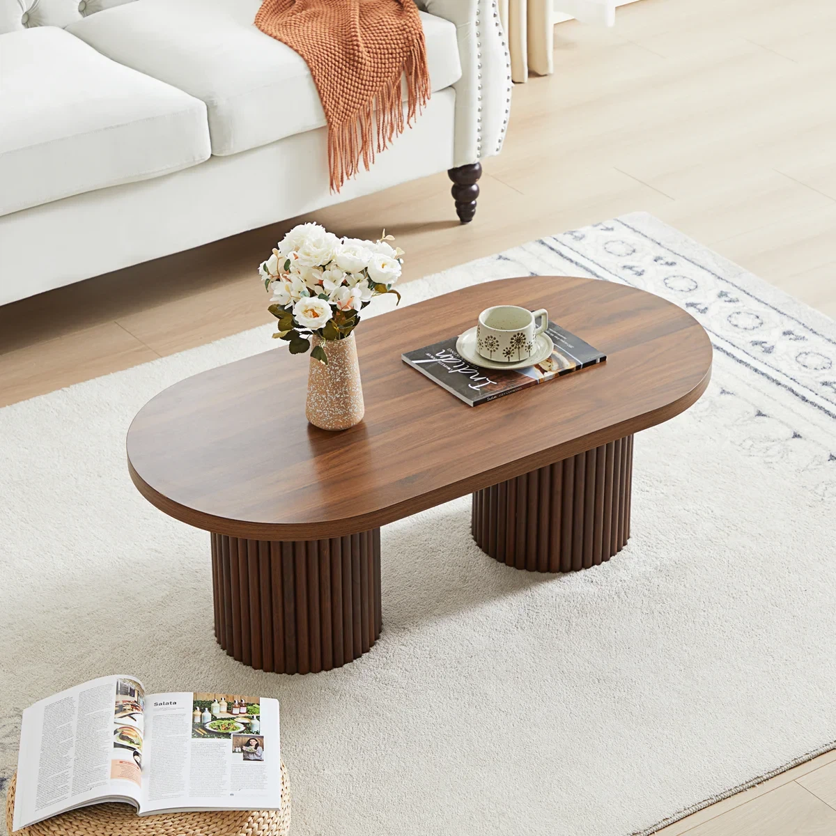 Oval Coffee Table with Fluted Pedestal Legs
