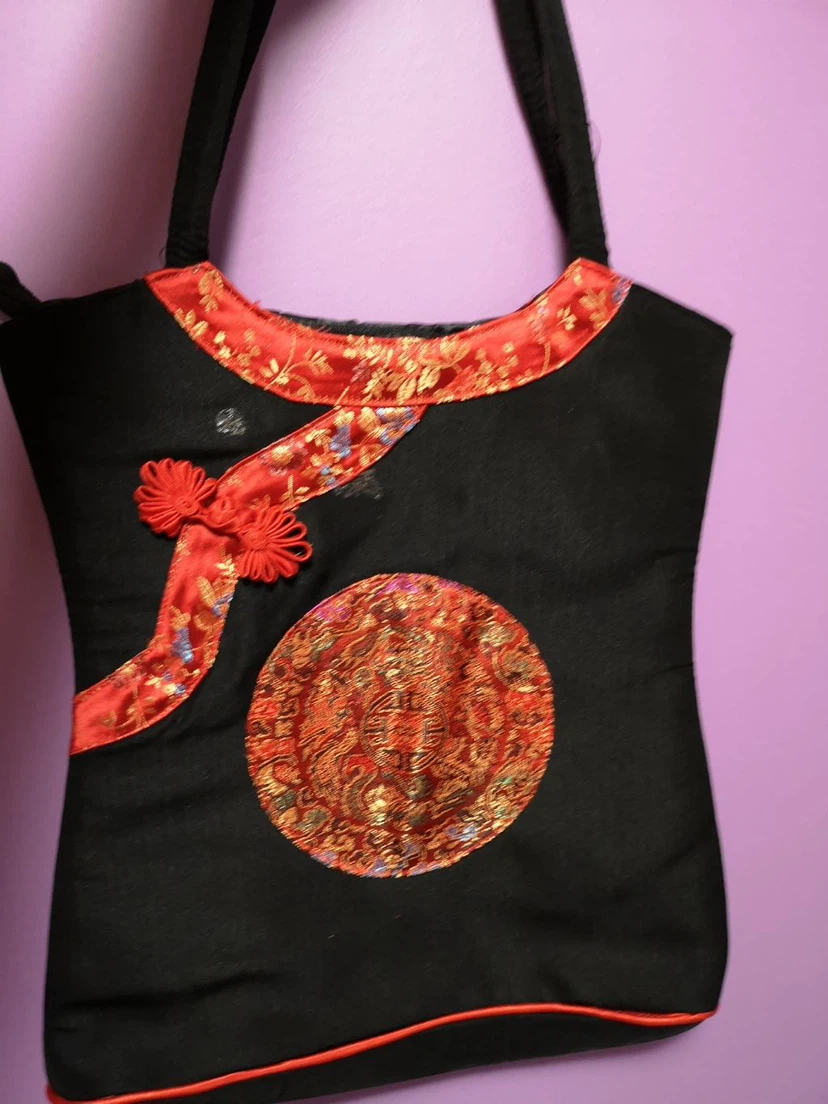 Black Asian-inspired Tote Bag with Red Trim
