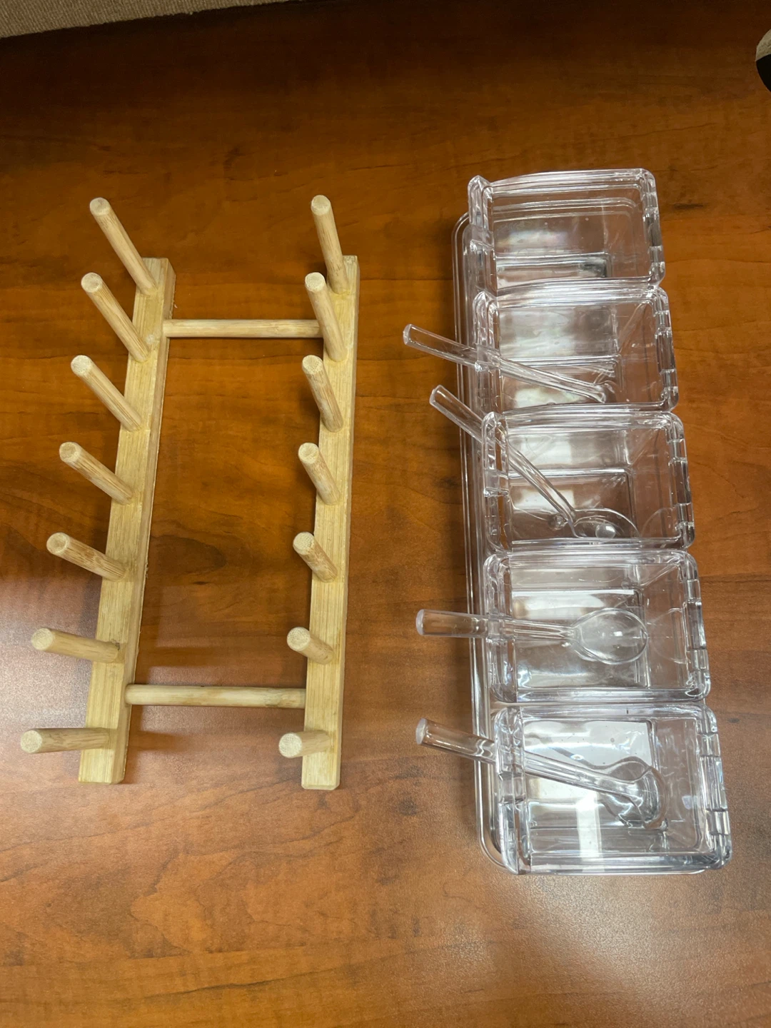 Clear Condiment Organizer with Wooden Rack