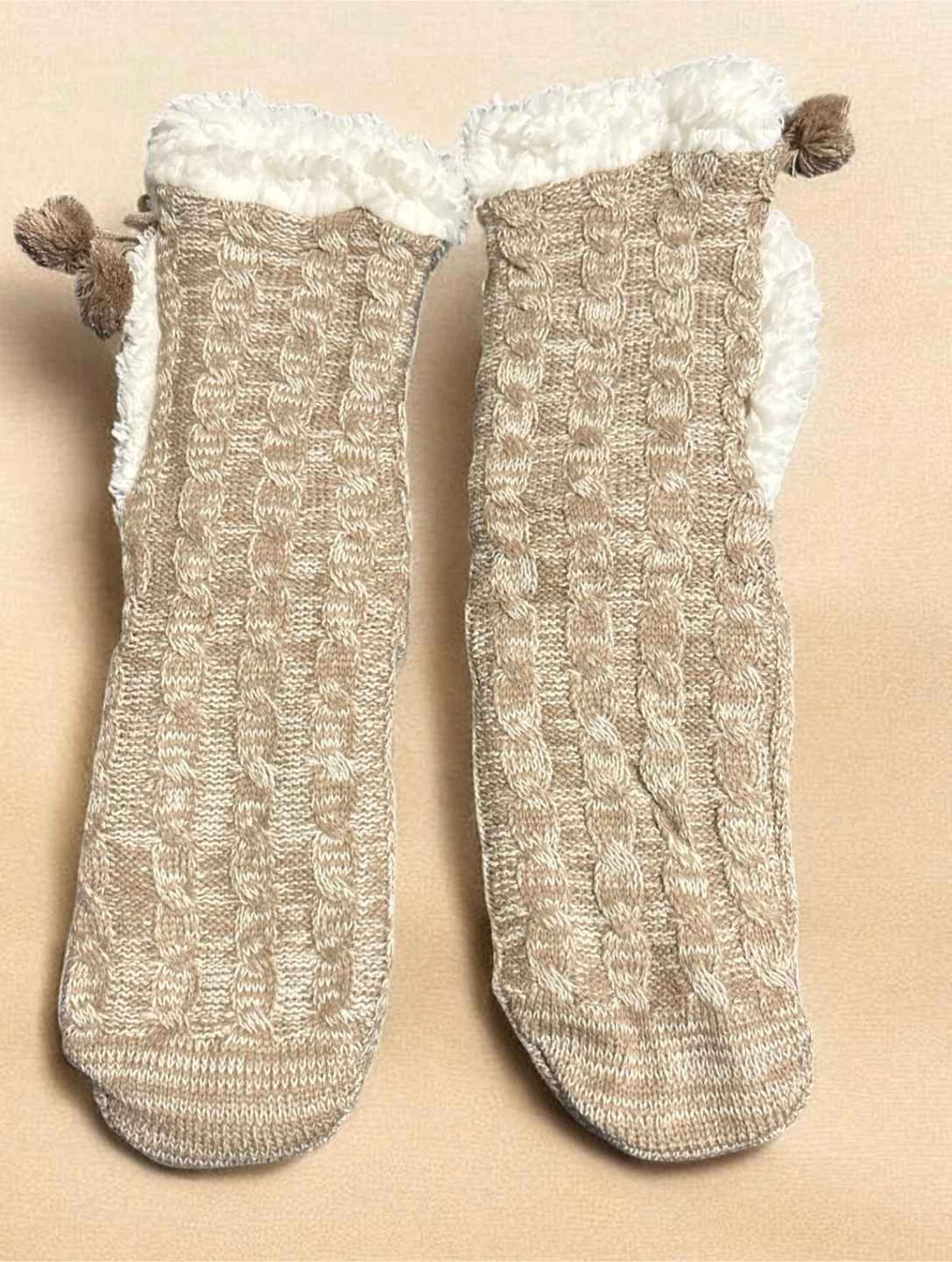 Beige Cable Knit Slipper Socks