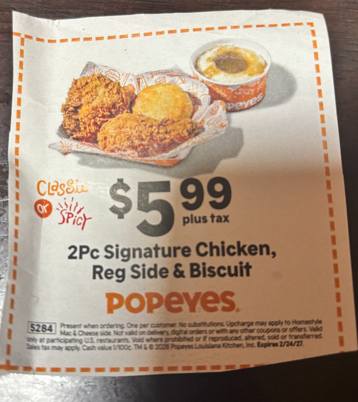 Popeyes 2pc Signature Chicken Meal Coupon - Expires 2/24/27