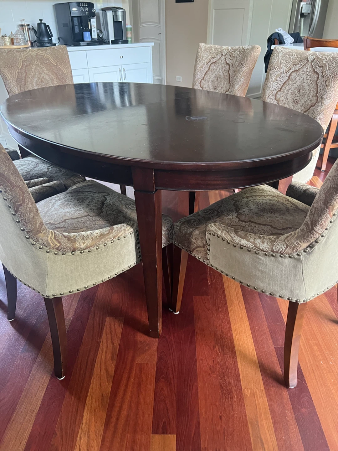 Oval Dark Wood Dining Table W/ 6 Fabric chairs