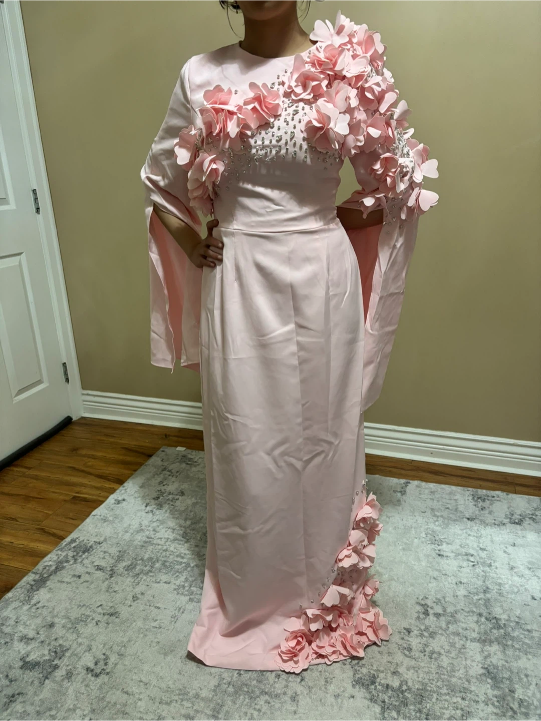 Pink Formal Dress with Floral Appliqués and Beading