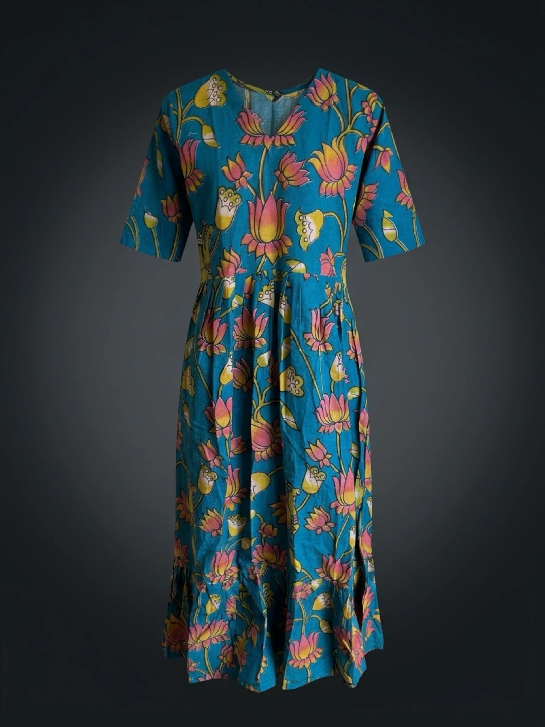 Teal Floral Pattern Midi Dress