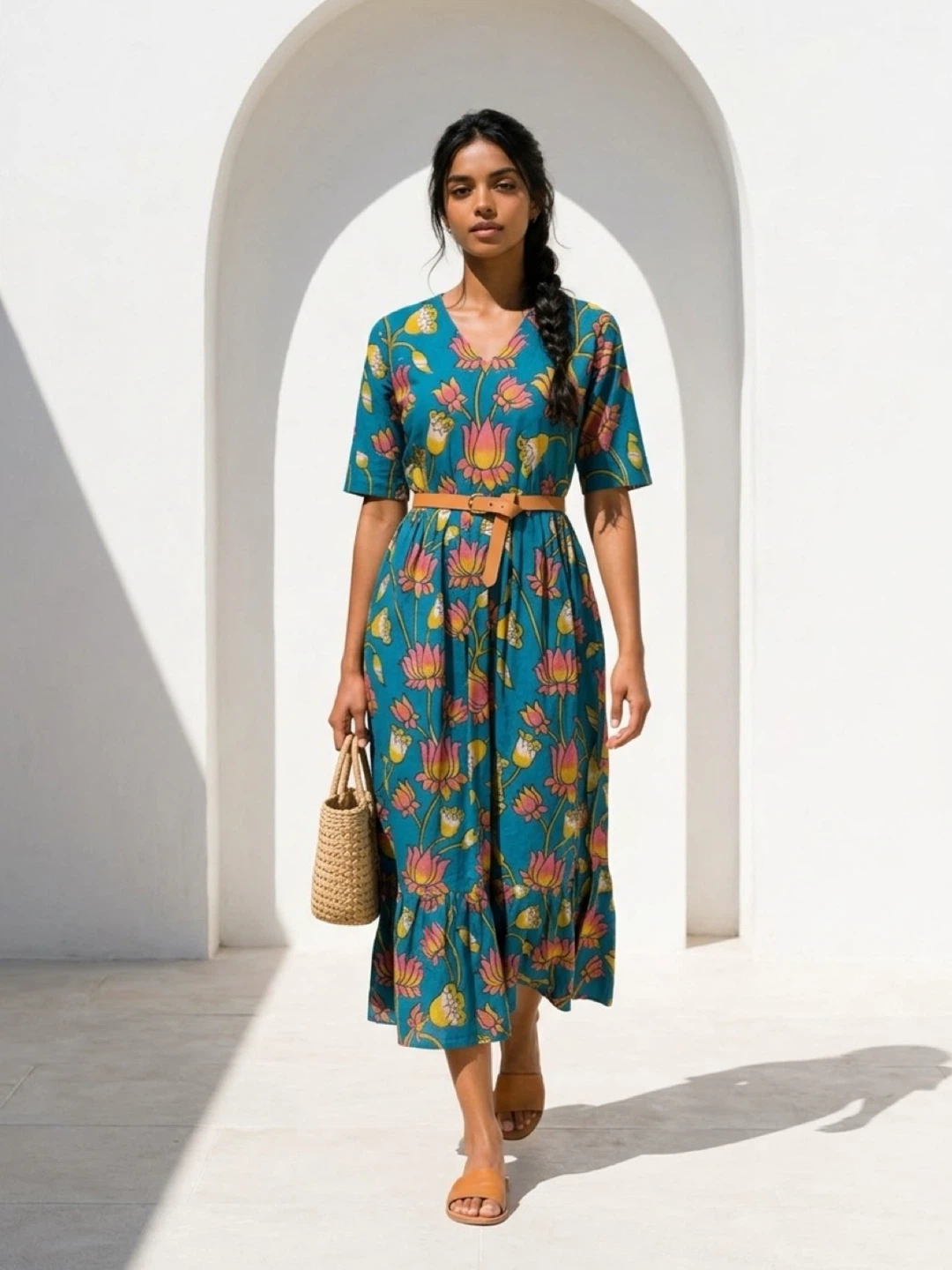 Teal Floral Pattern Midi Dress - photo 2