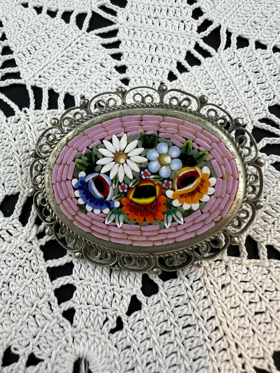 Vintage Italian Micro Mosaic Floral Brooch