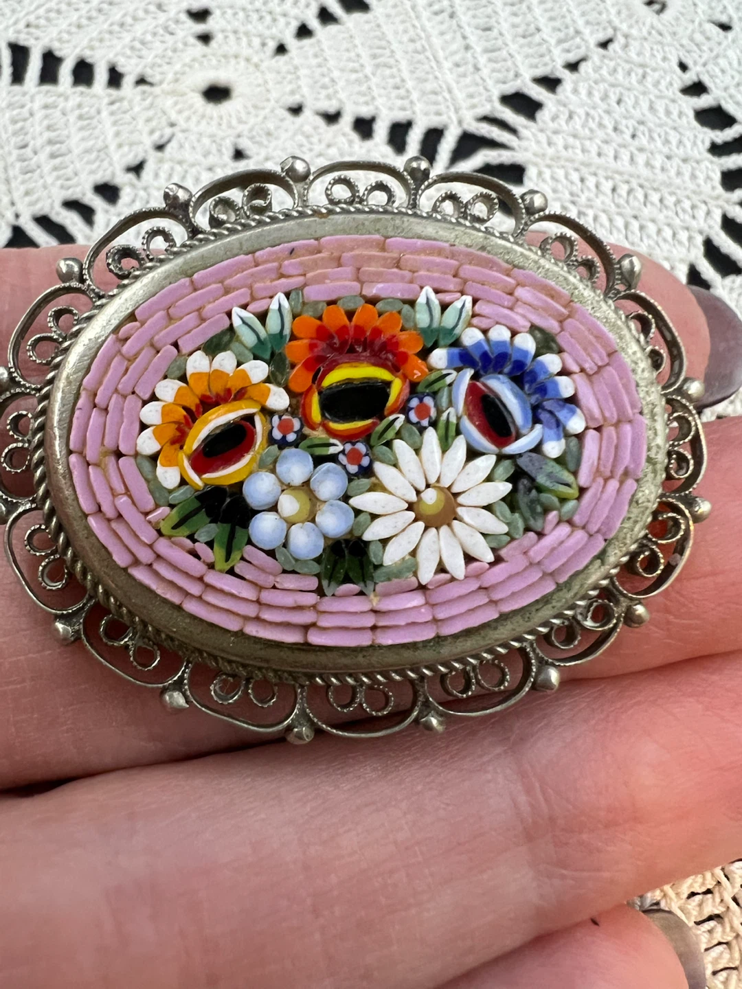 Vintage Italian Micro Mosaic Floral Brooch - photo 4