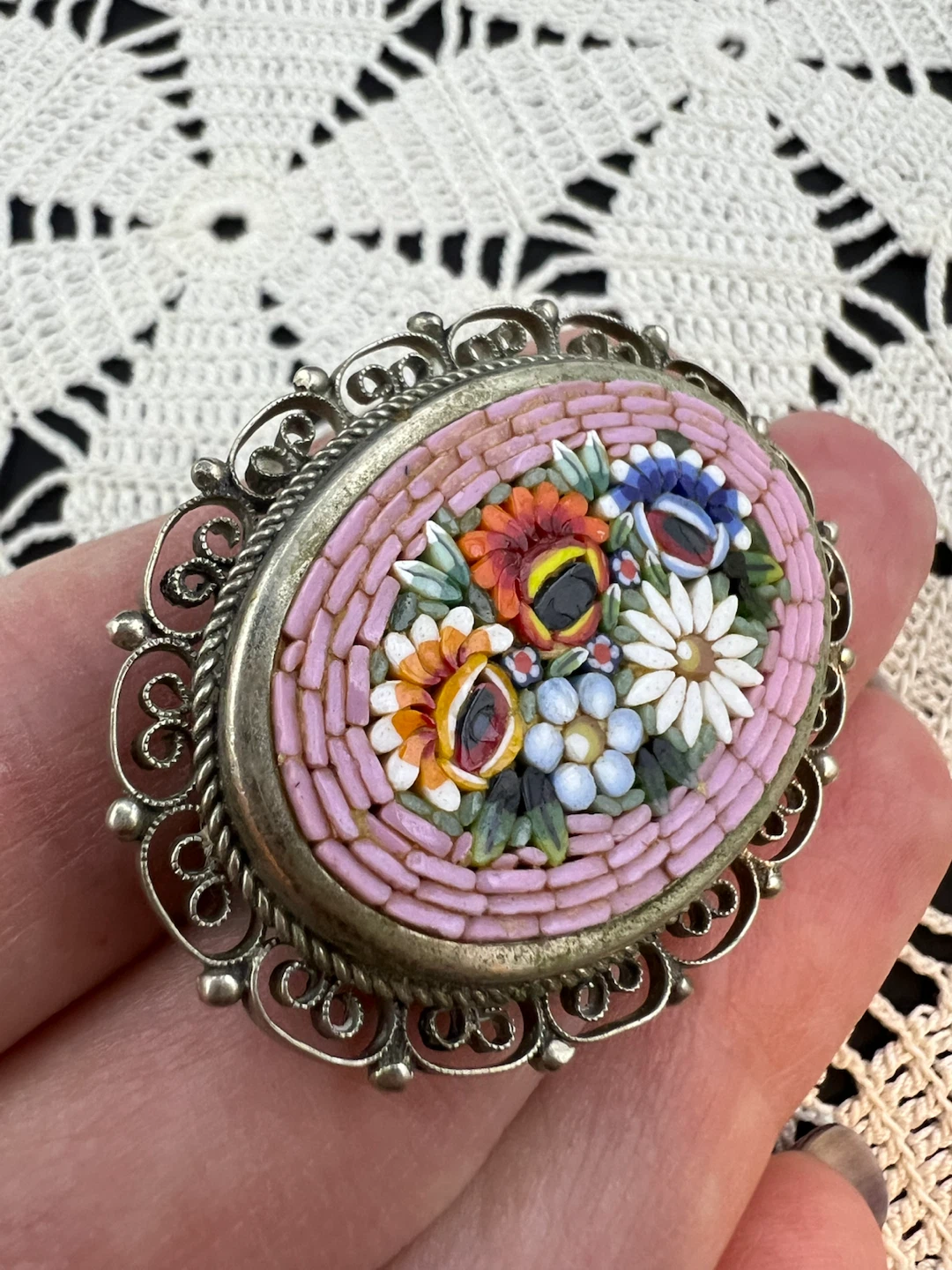 Vintage Italian Micro Mosaic Floral Brooch - photo 5