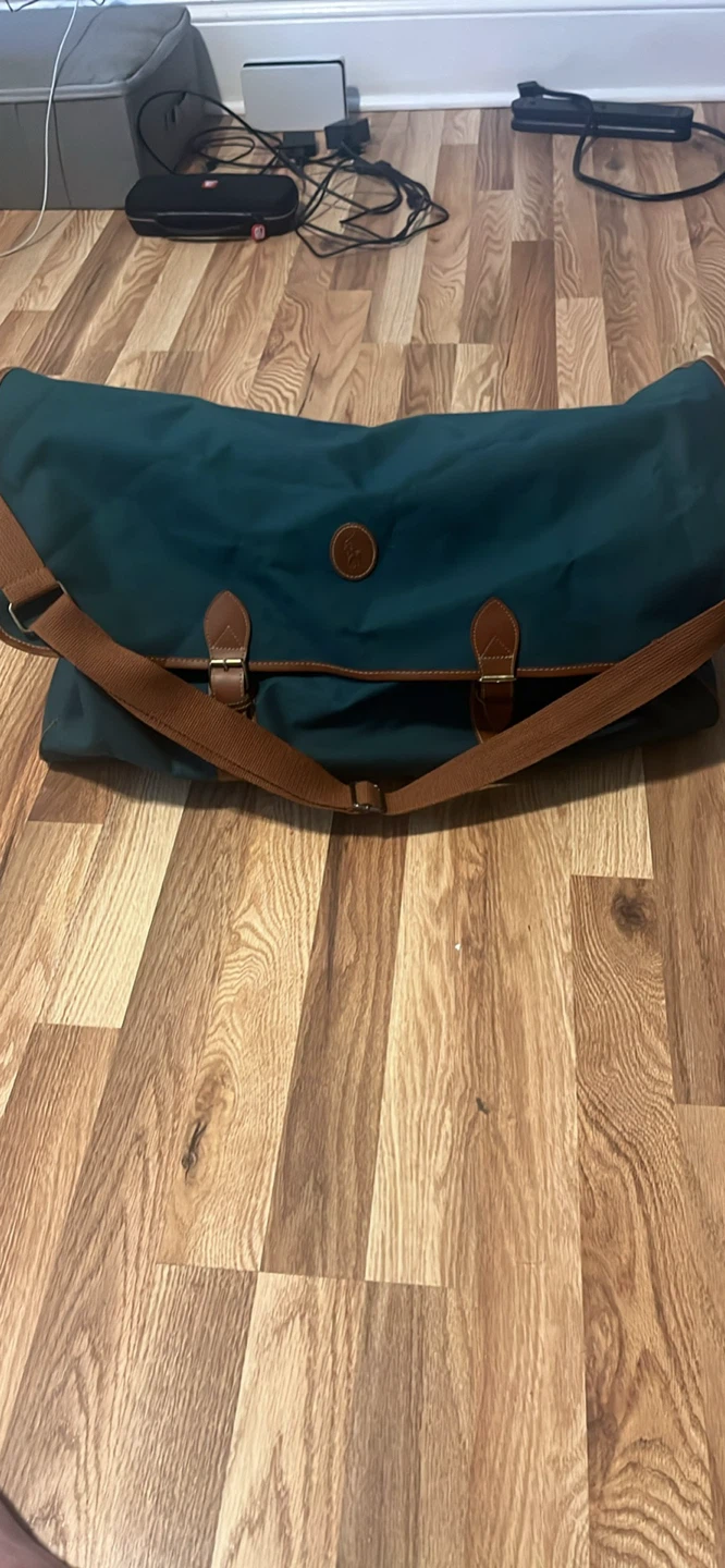 Green Duffel Bag with Brown Leather Accents