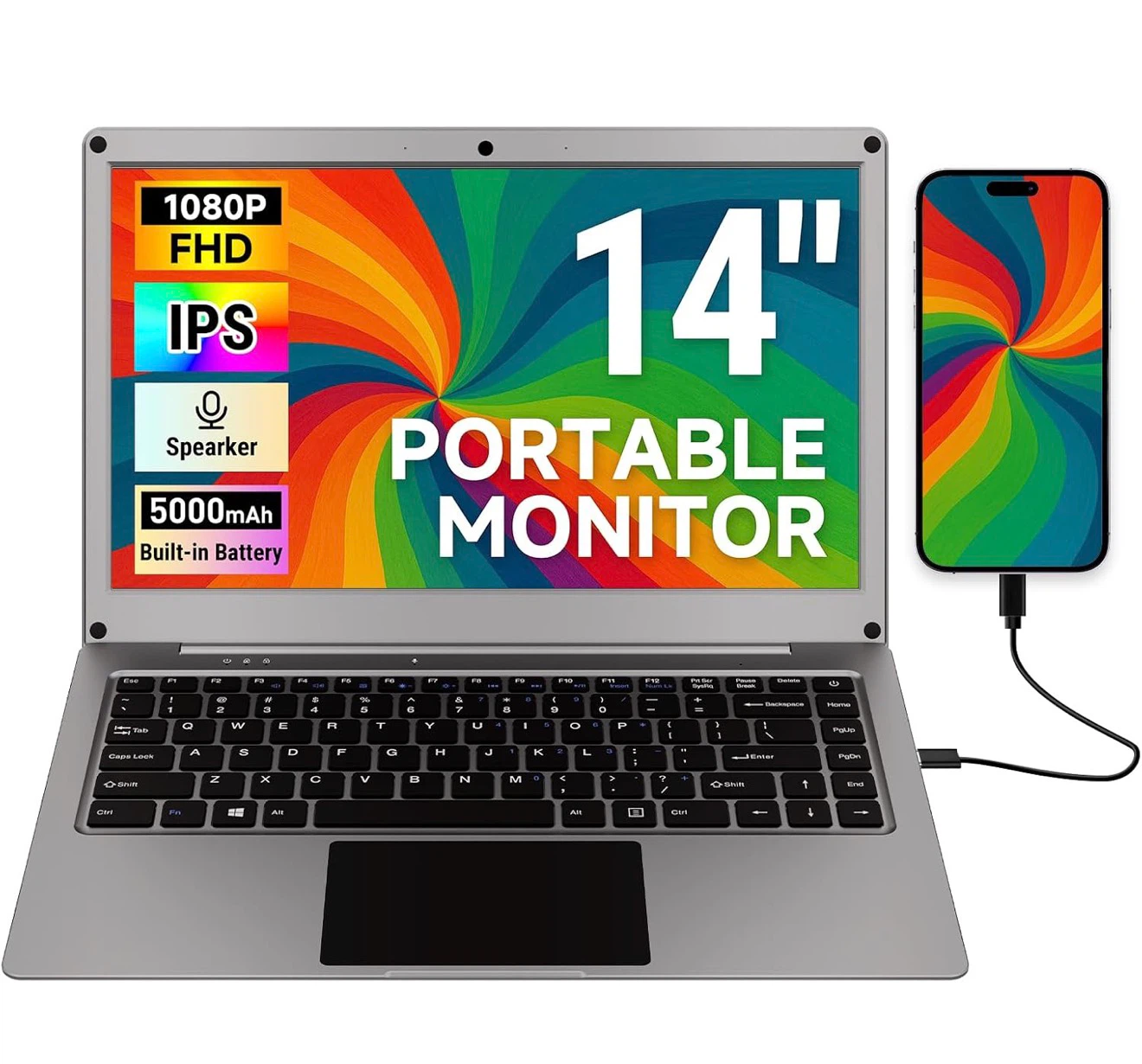 14" 1080P IPS Portable Monitor with Built-in Battery