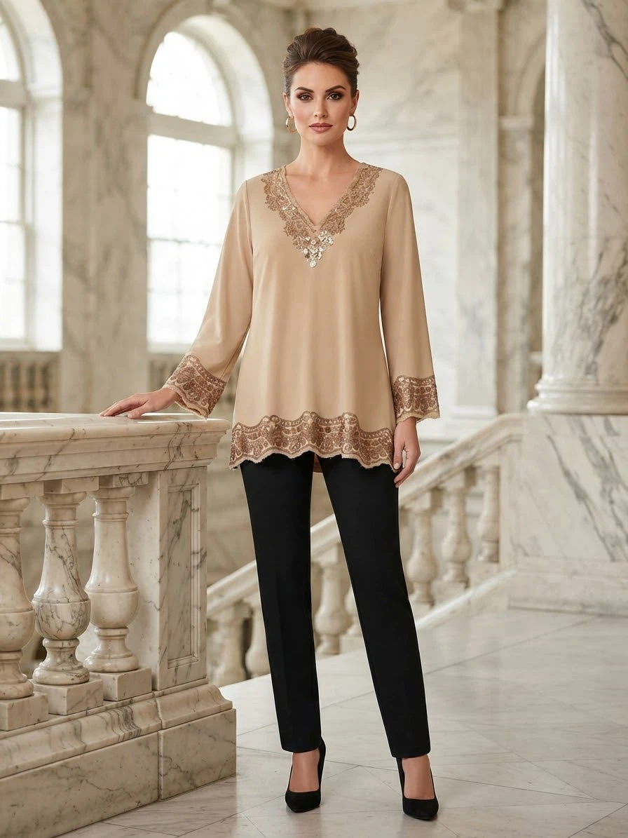 Roaman's Sequin Embellished Beige V-Neck Top - Size 18W