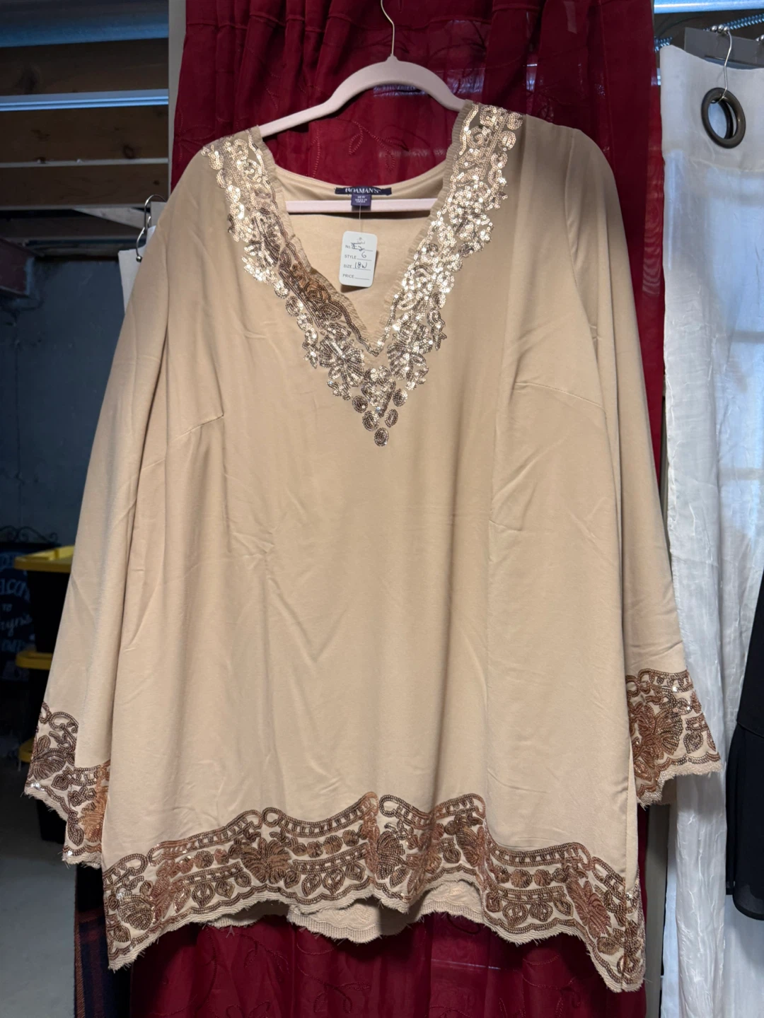 Roaman's Sequin Embellished Beige V-Neck Top - Size 18W - photo 2