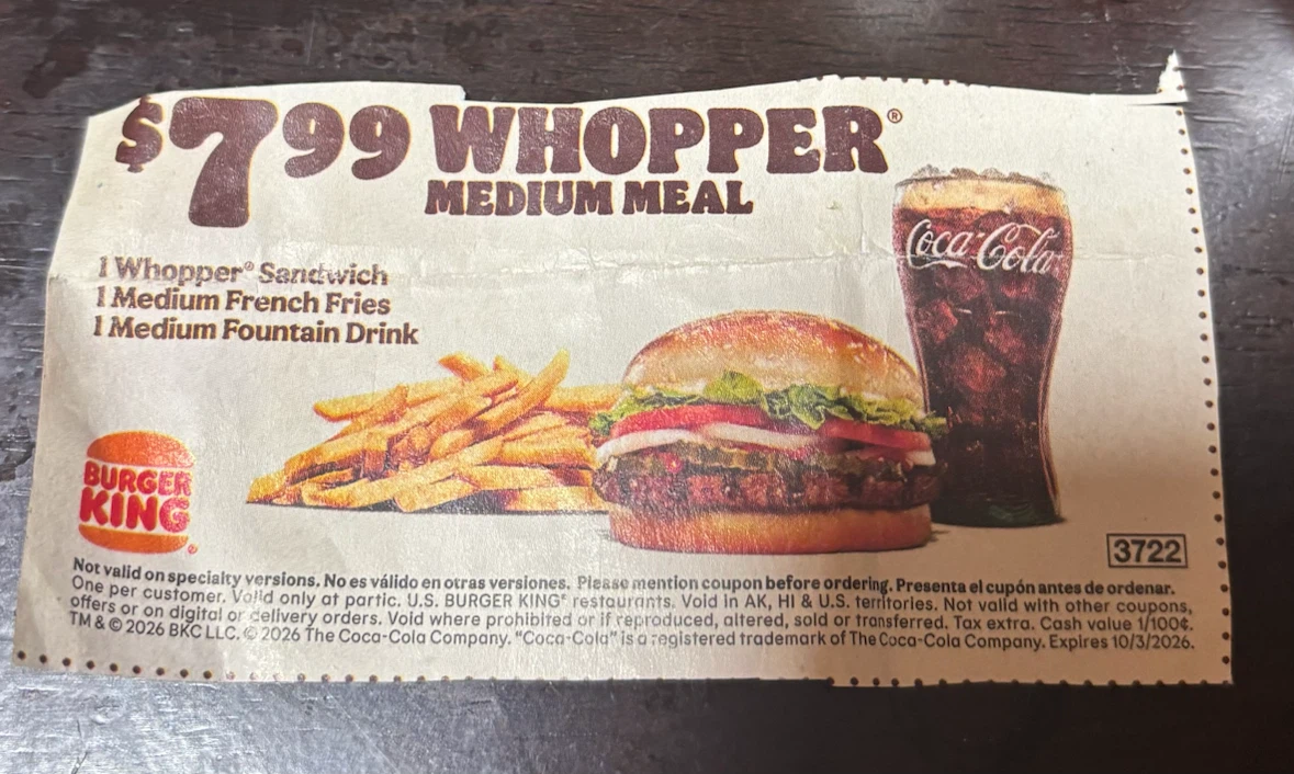 $7.99 Burger King Whopper Medium Meal Coupon