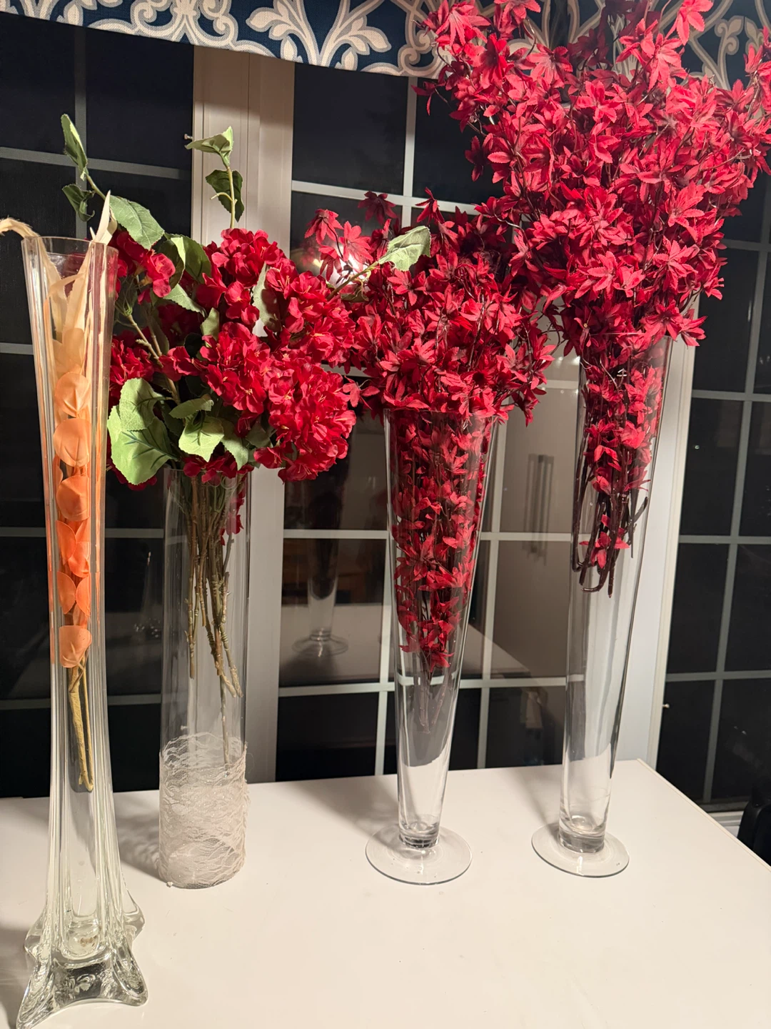 Assorted Glass Vases with flowers, all $25