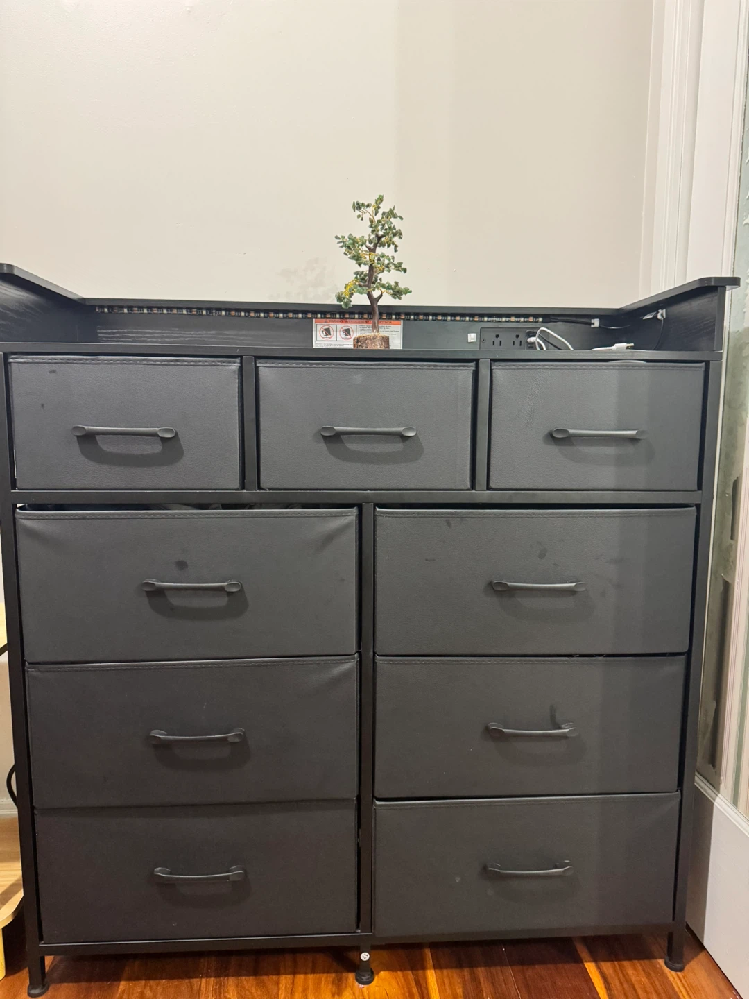 Black Fabric 9 -Drawer Dresser with Charging Station