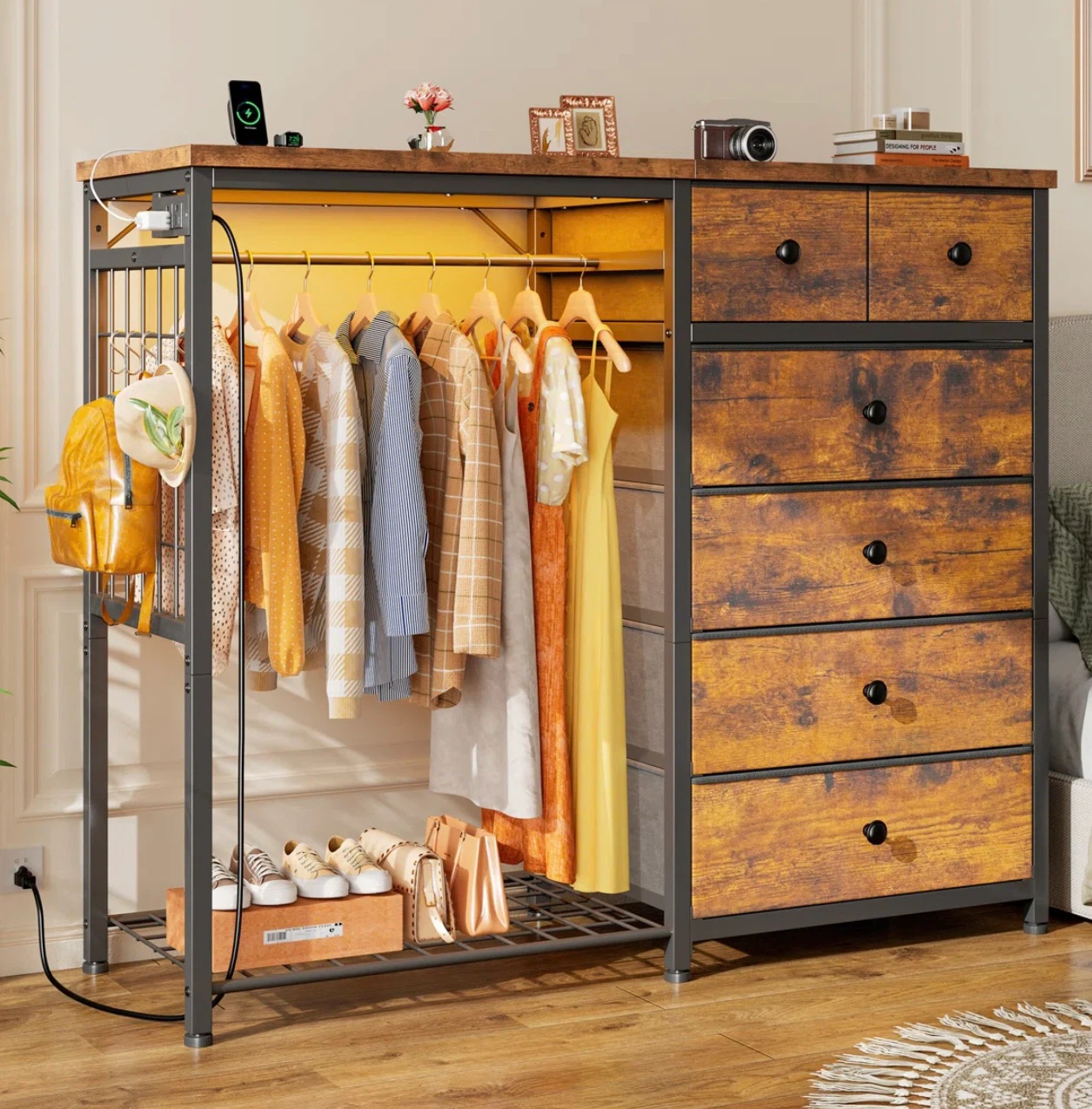 6 drawer dresser with coat rack & power outlet
