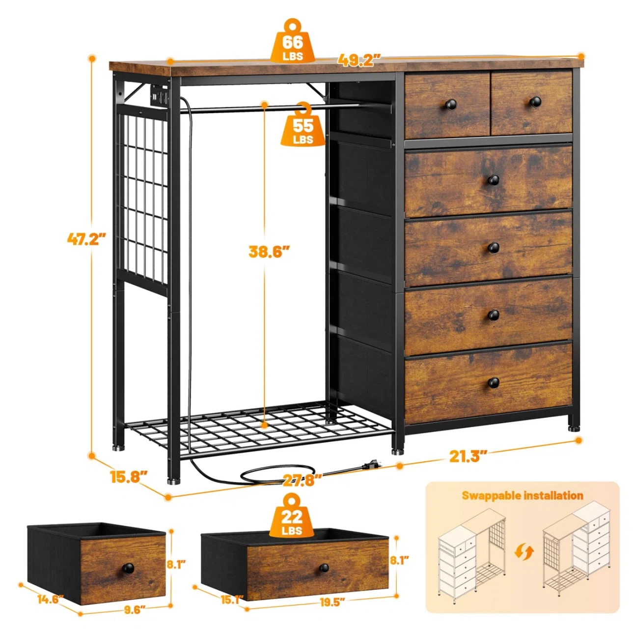 6 drawer dresser with coat rack & power outlet - photo 2
