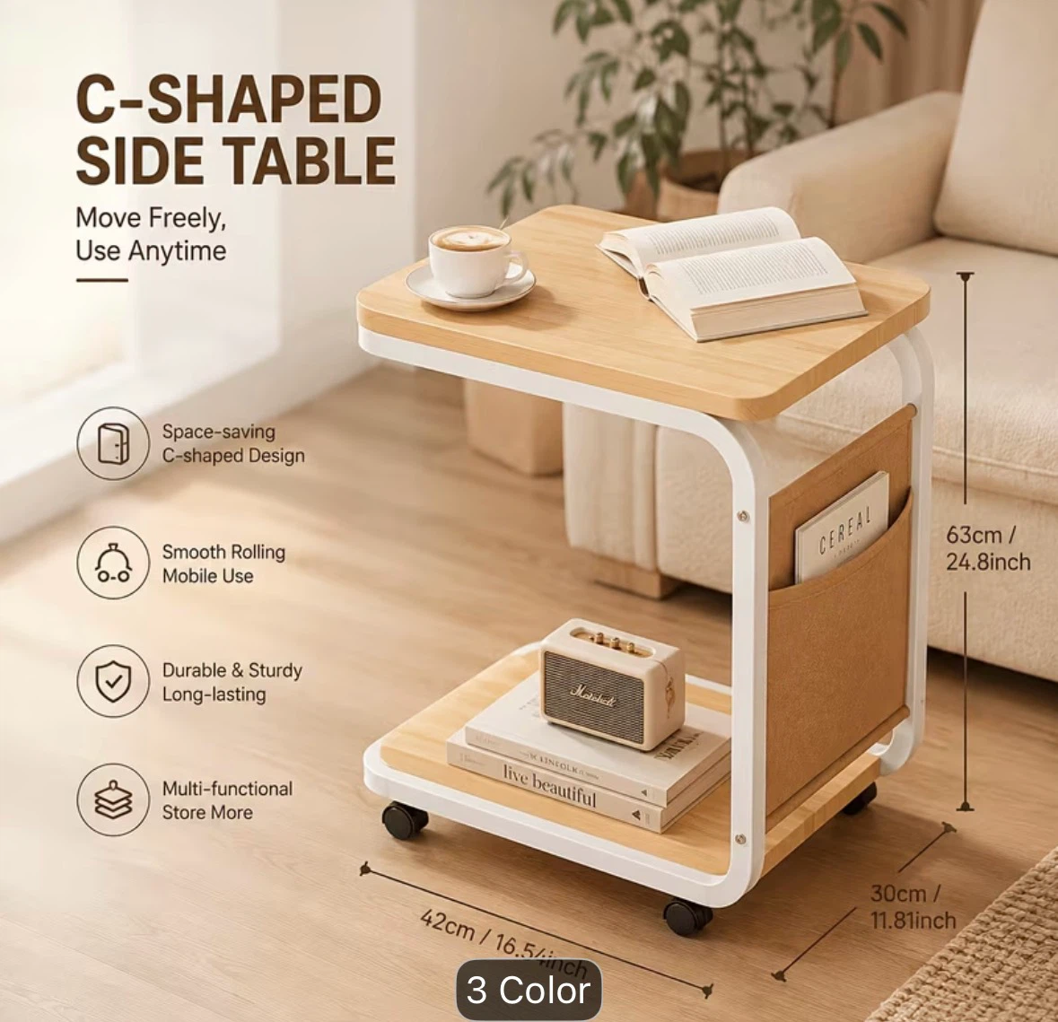 C-Shaped Side Table with Wheels - photo 4