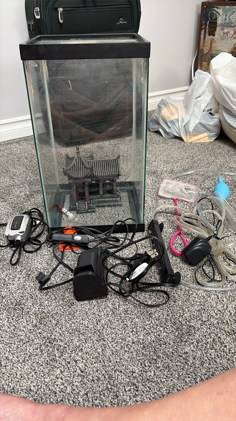 Glass Aquarium with Decorations and Pump