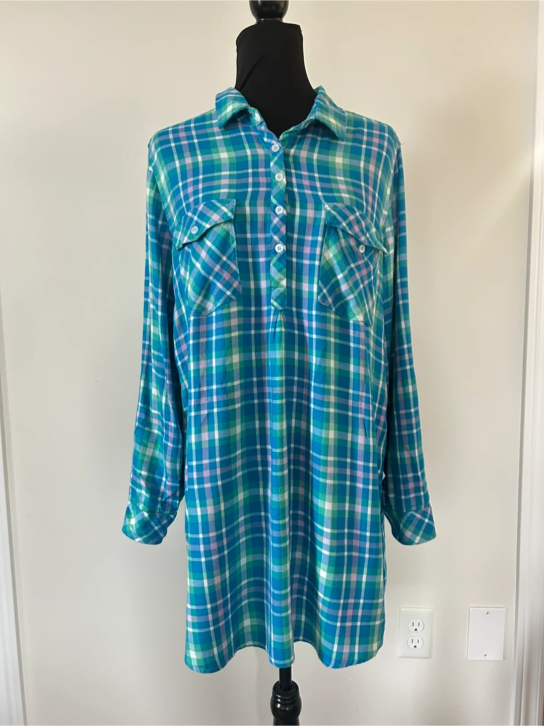 L - Blue and Green Plaid Flannel Shirt Dress