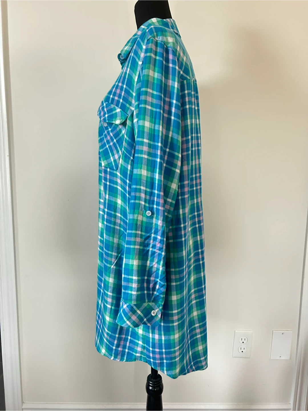 L - Blue and Green Plaid Flannel Shirt Dress - photo 2