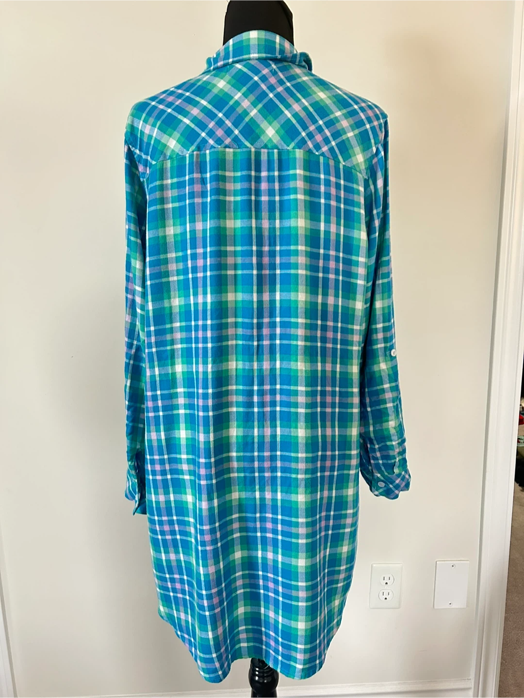 L - Blue and Green Plaid Flannel Shirt Dress - photo 3