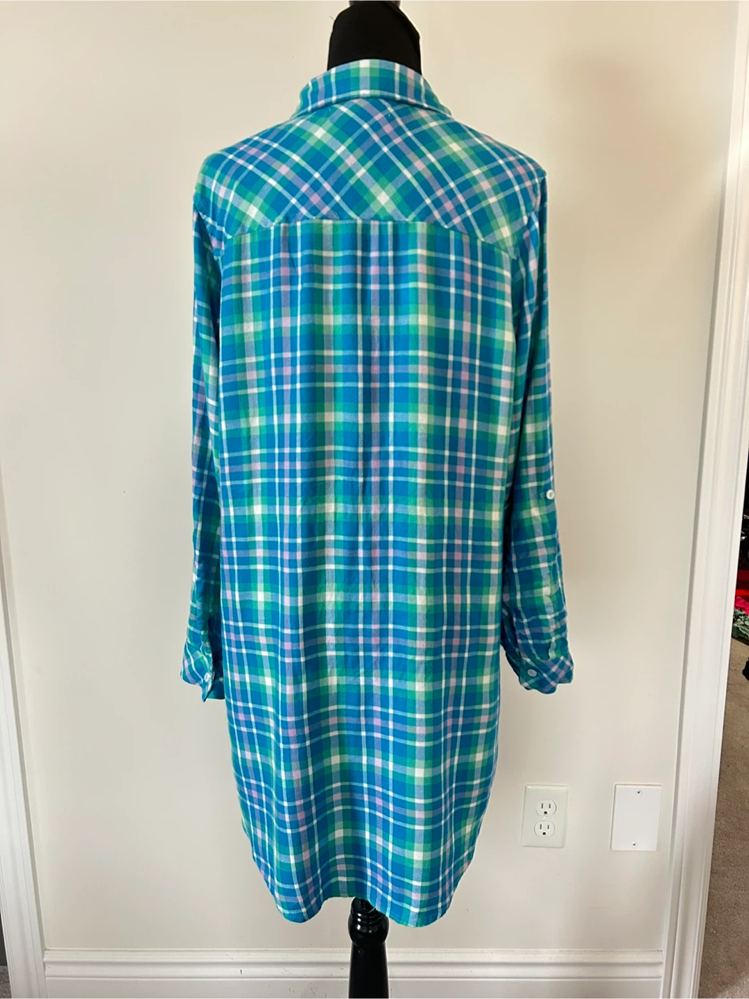 L - Blue and Green Plaid Flannel Shirt Dress - photo 4