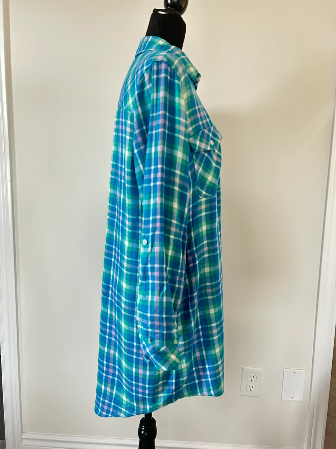 L - Blue and Green Plaid Flannel Shirt Dress - photo 5