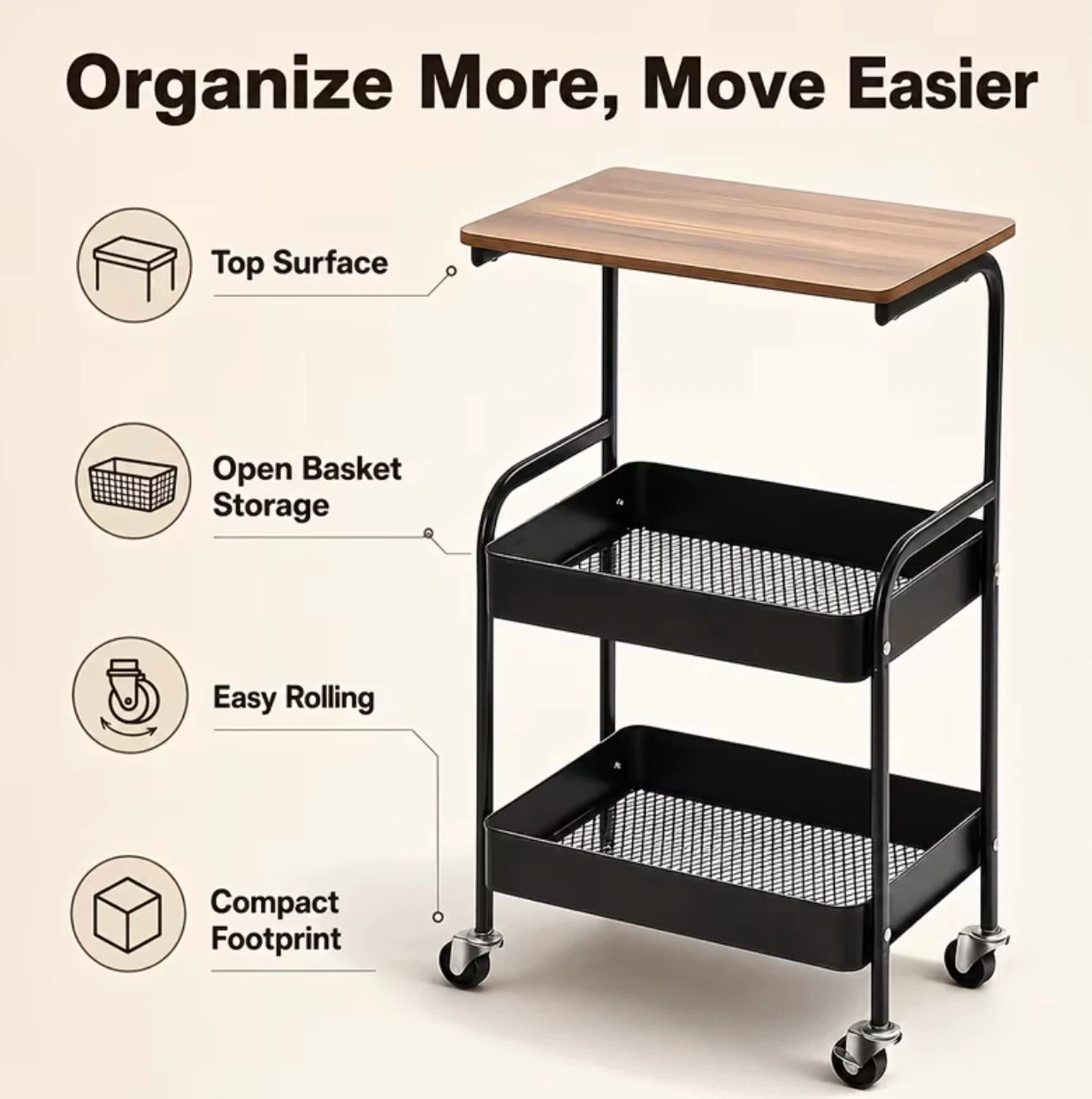 3-Tier Rolling Storage Cart with wood top (BRAND NEW IN BOX) - photo 2