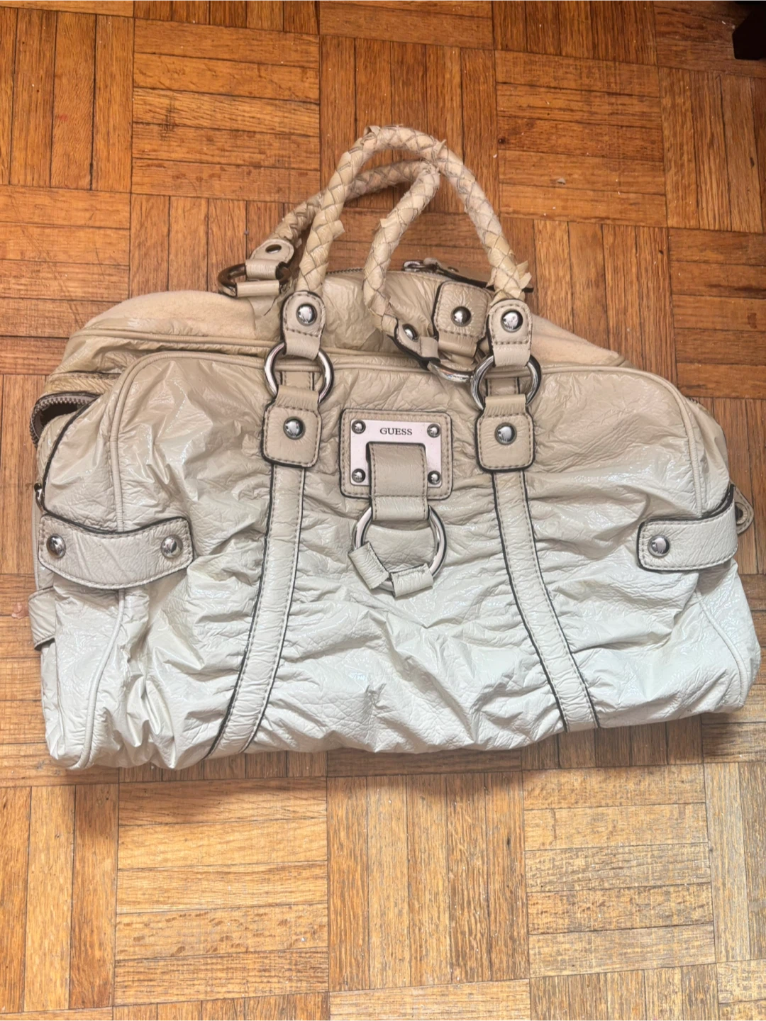 Guess Cream Ruched Satchel Handbag