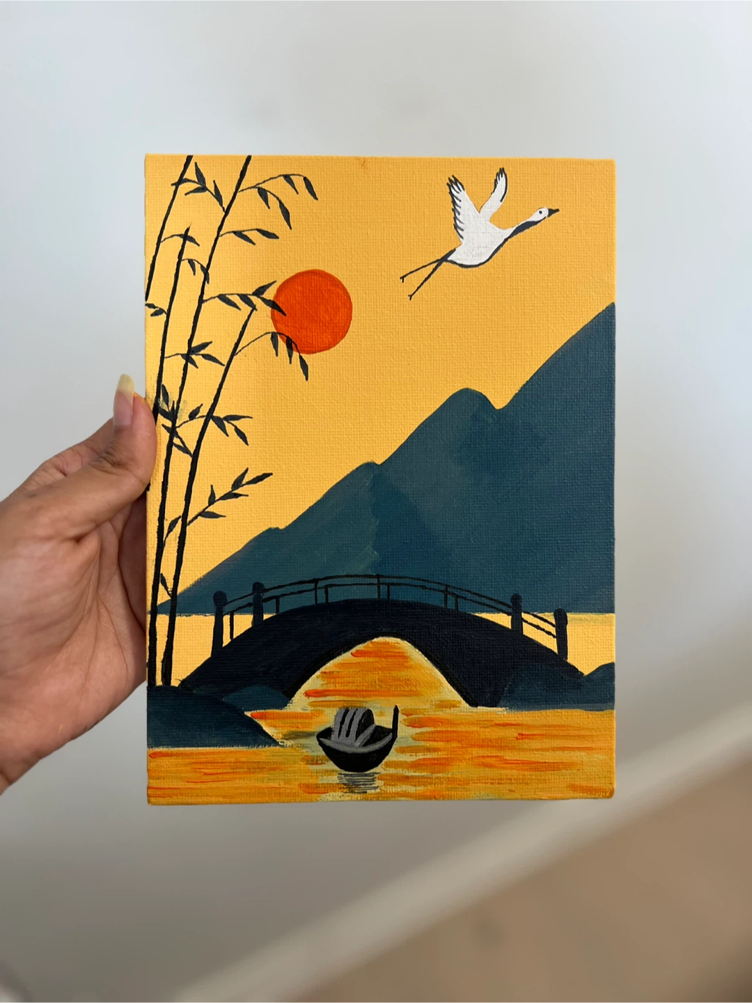 Hand-Painted Canvas Art: Sunset Bridge Scene
