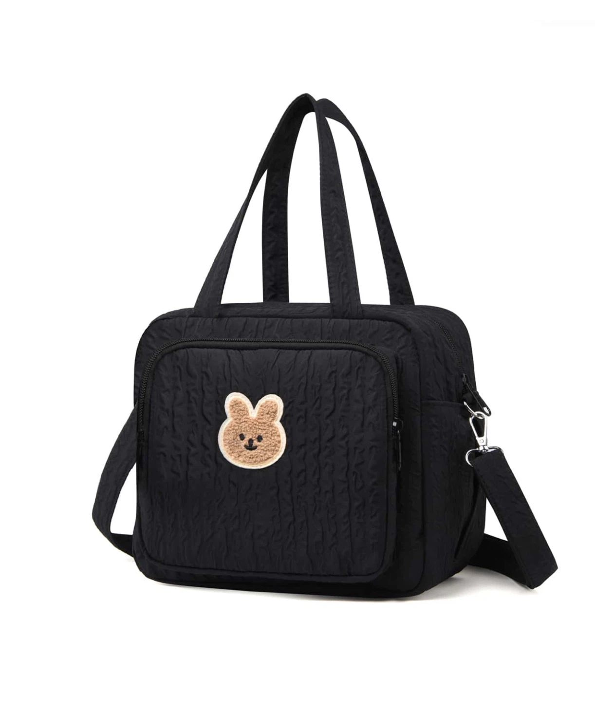 Black Textured Square Bag with Bear Patch