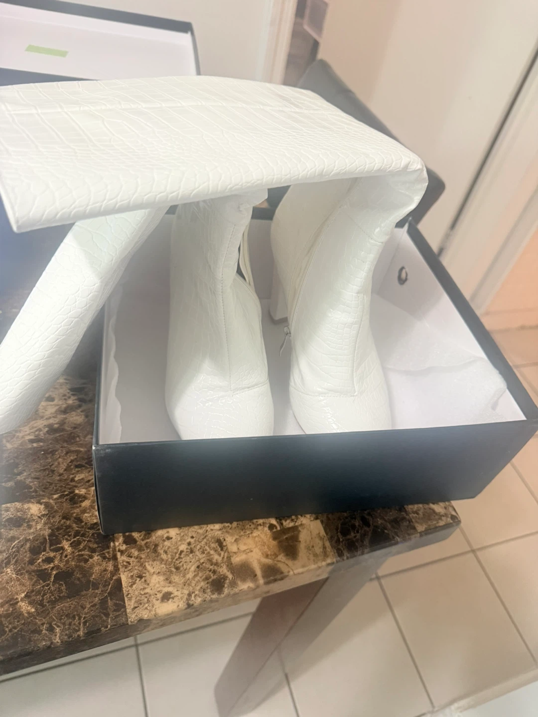 White Faux Crocodile Knee-High Boots pre owned