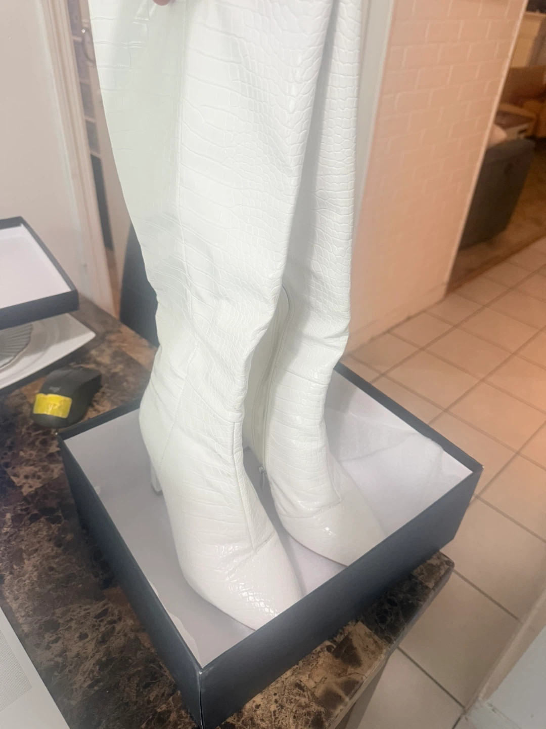 White Faux Crocodile Knee-High Boots pre owned - photo 2