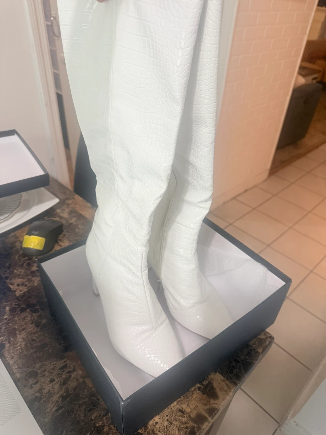 White Faux Crocodile Knee-High Boots pre owned - photo 4