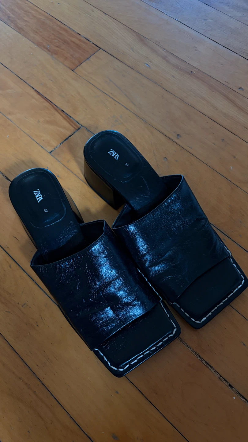 ZARA Black Leather Square Toe Mules Size 37