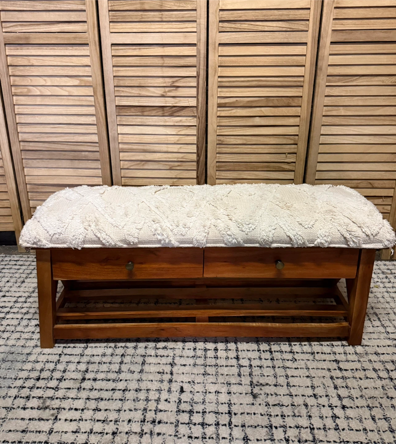 Wooden Storage Bench with White Tufted Cushion
