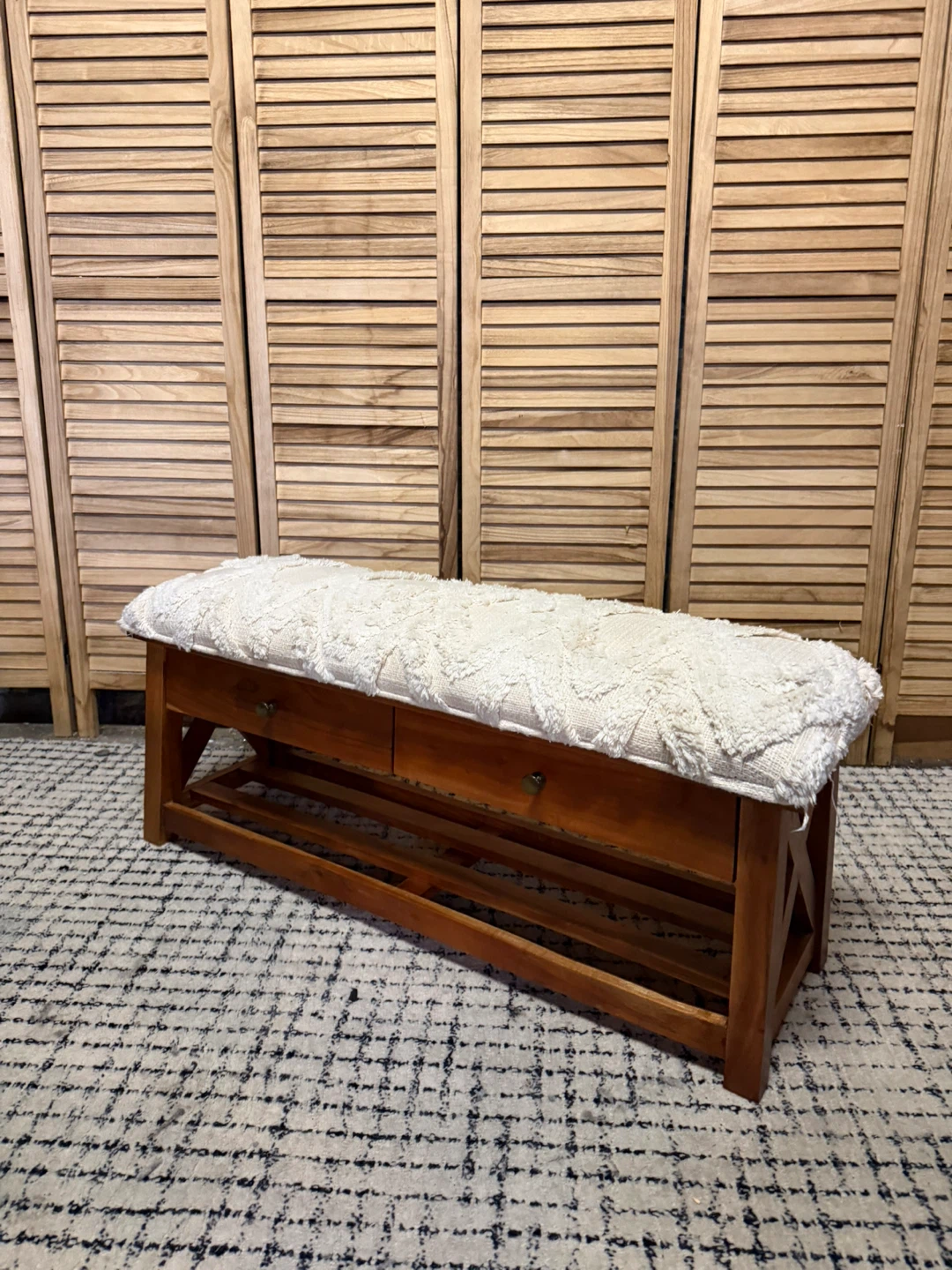 Wooden Storage Bench with White Tufted Cushion - photo 2