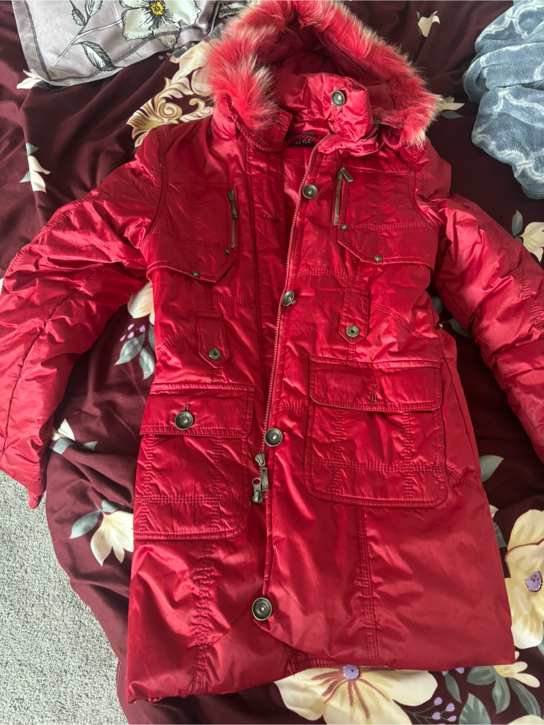 Red Puffer Parka Jacket with Fur Hood