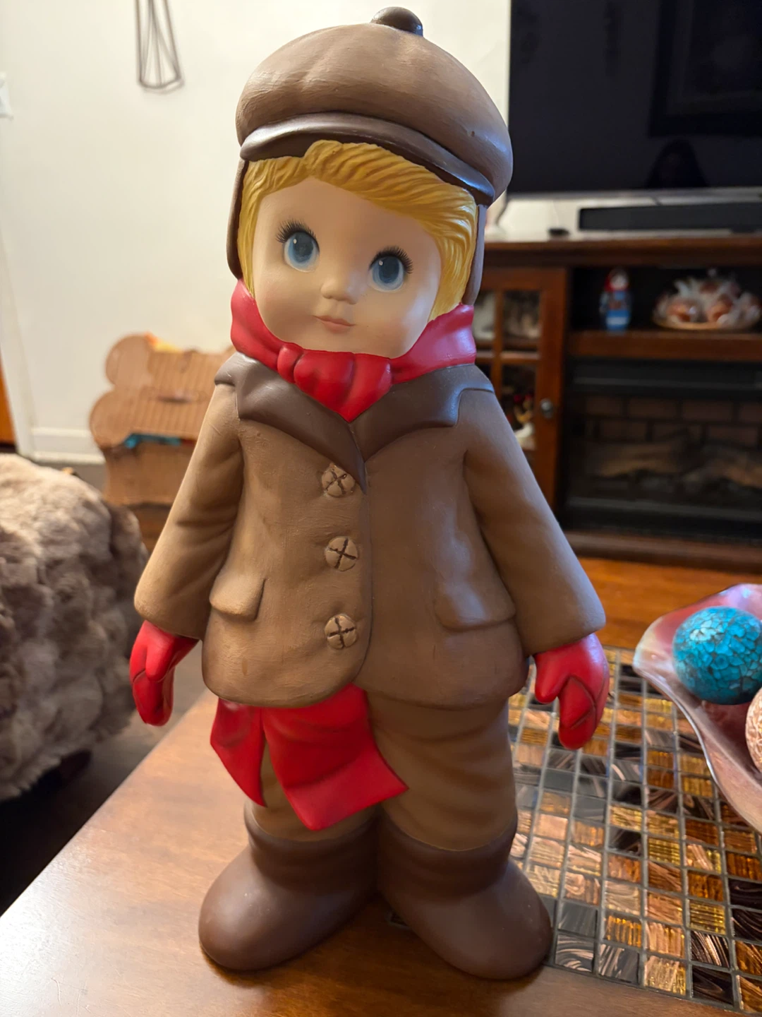 Vintage Ceramic Boy Figurine with Hat and Scarf