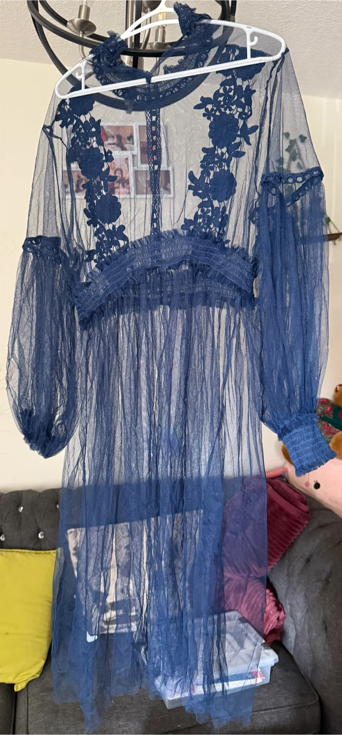 Navy Blue Sheer Lace Dress with Puff Sleeves