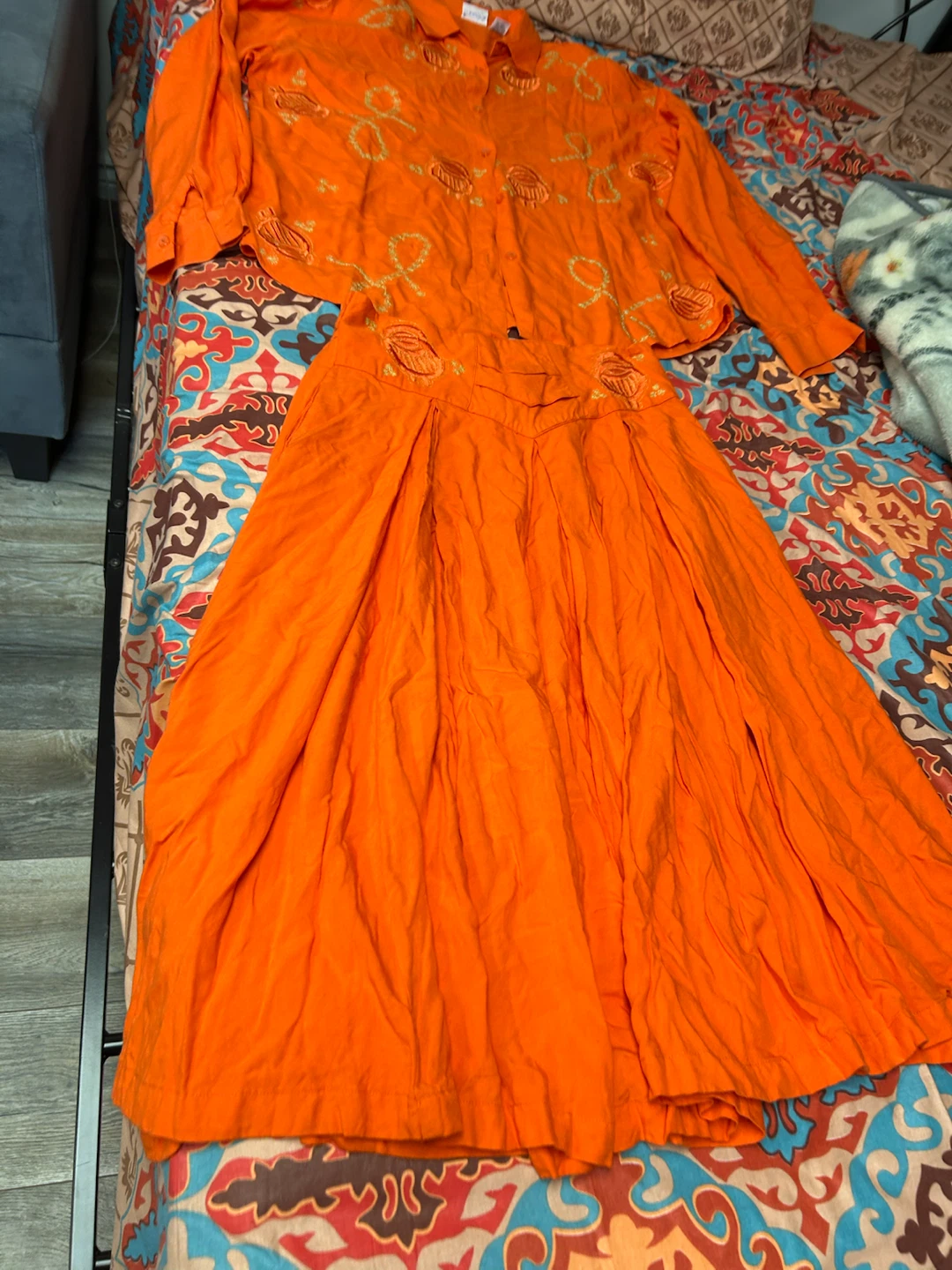 Freestyle Orange Embroidered Blouse and Skirt Set