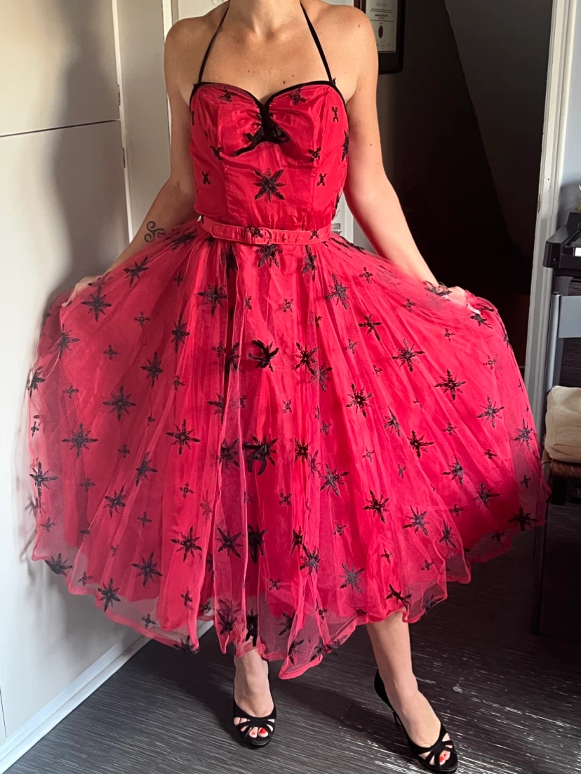 Vintage hot pink and black star print halter dress